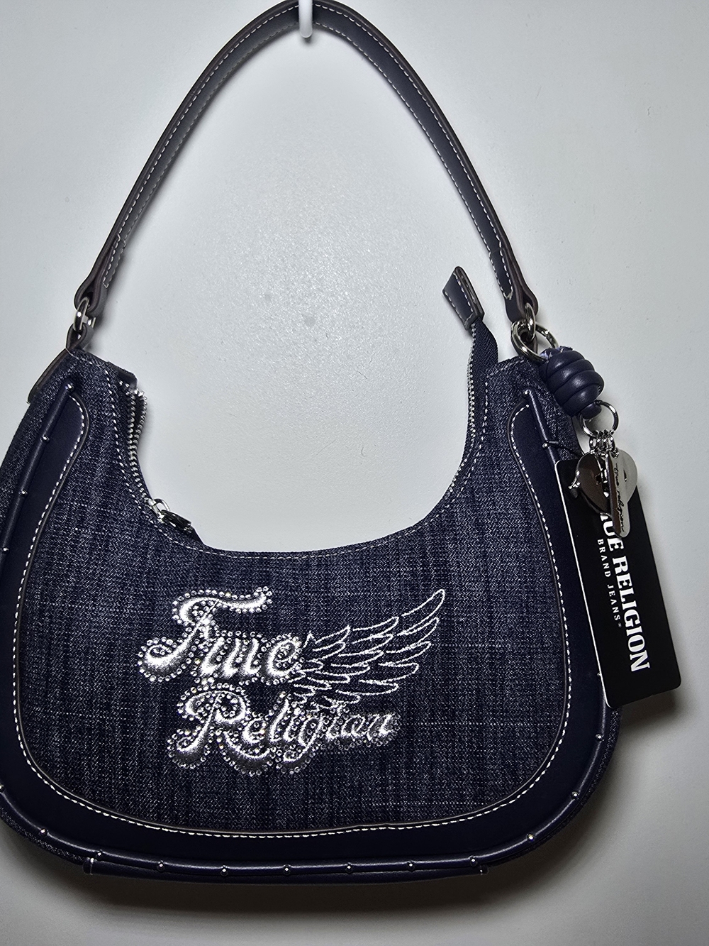 True Religion Navy Denim Crystal Logo Shoulder Bag